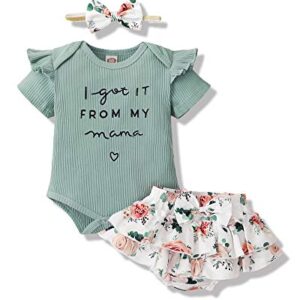 Baby Girl 3-Piece Outfit Set – “I Got It From My Mama” Romper, Floral Ruffle Shorts & Headband