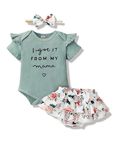 Baby Girl 3-Piece Outfit Set – “I Got It From My Mama” Romper, Floral Ruffle Shorts & Headband
